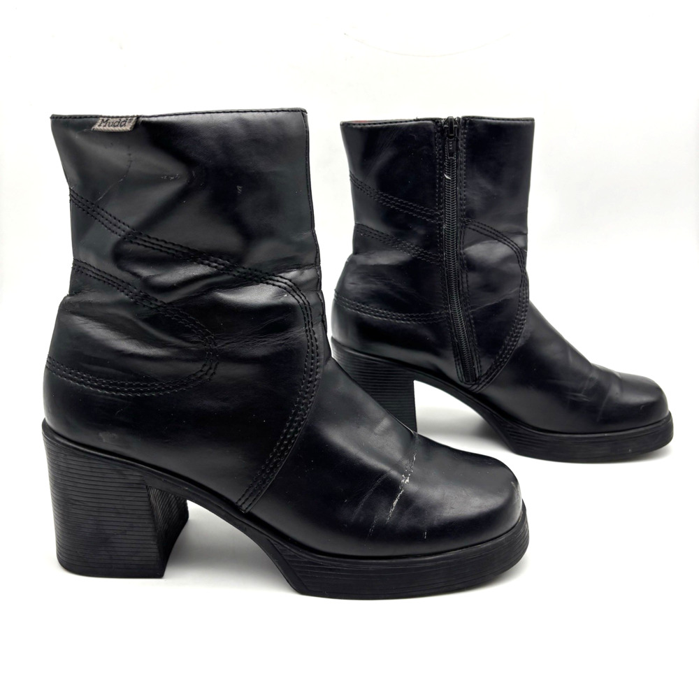 Vintage 90s Y2K Mudd DELIGHT Black Faux Leather Block Heel Square Toe Boots 10M
